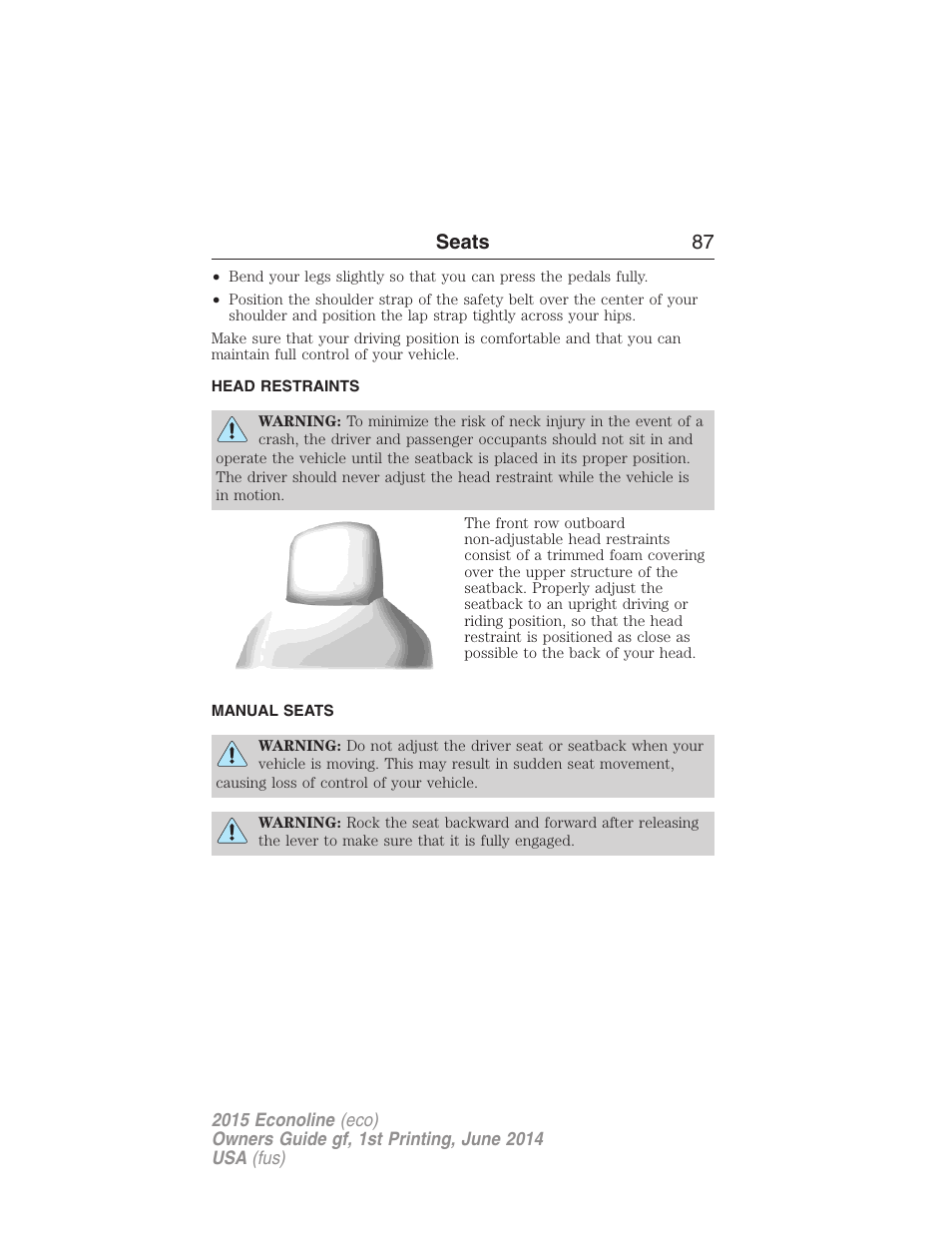 Head restraints, Manual seats, Seats 87 | FORD 2015 E-450 User Manual | Page 88 / 360