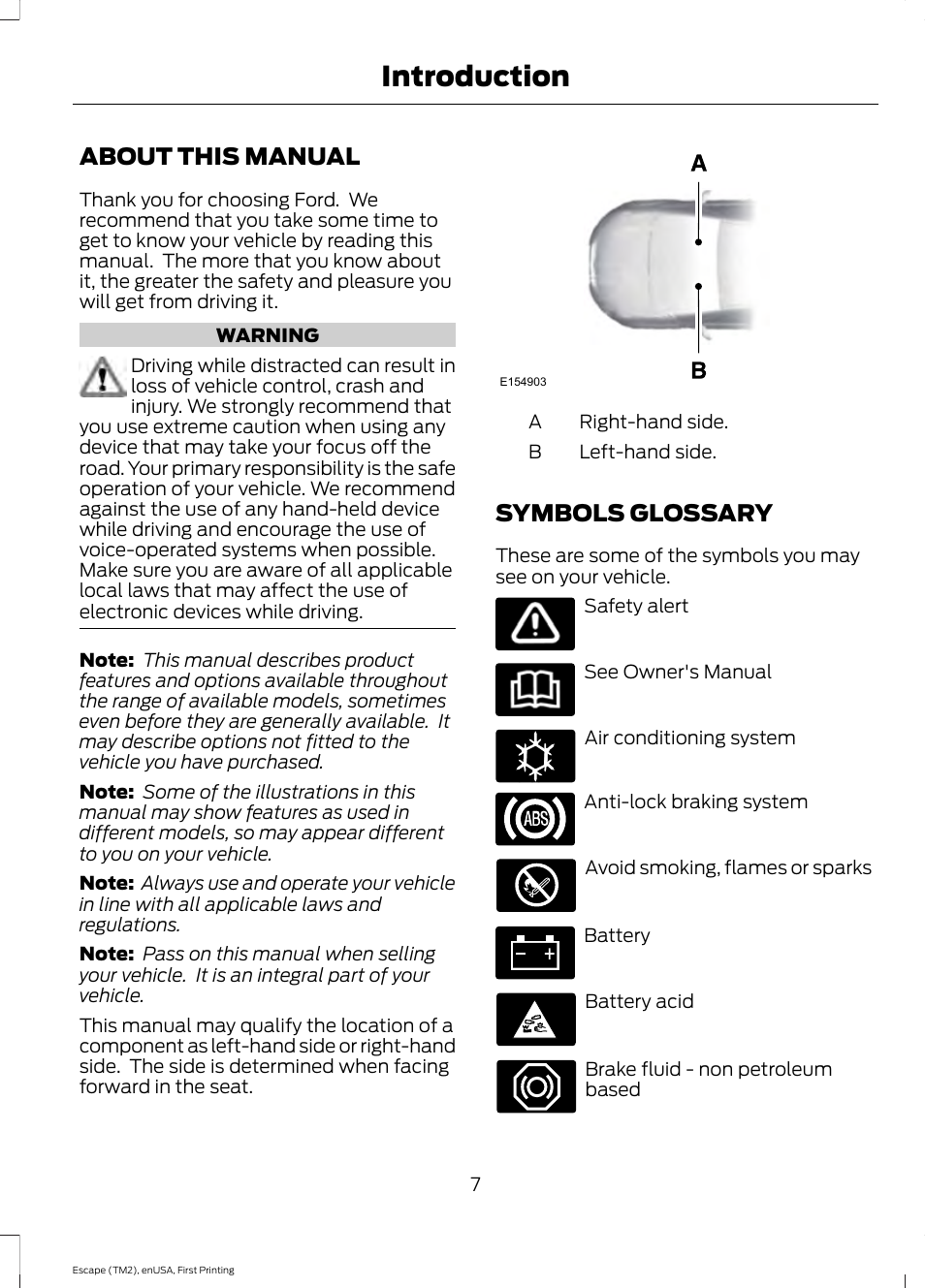 Introduction, About this manual, Symbols glossary | About this manual symbols glossary | FORD 2015 Escape User Manual | Page 10 / 449