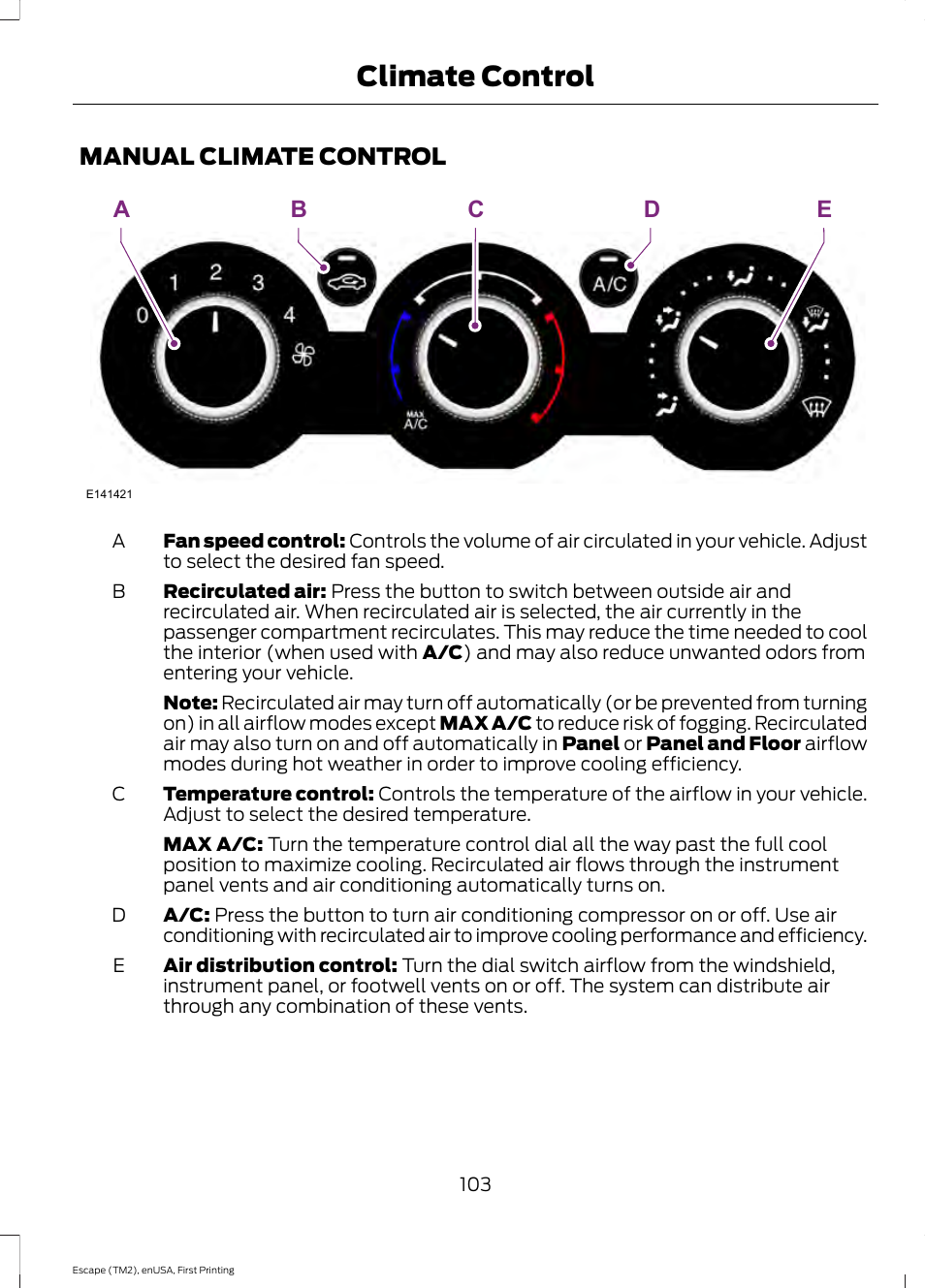 Climate control, Manual climate control, Ae b d c | FORD 2015 Escape User Manual | Page 106 / 449