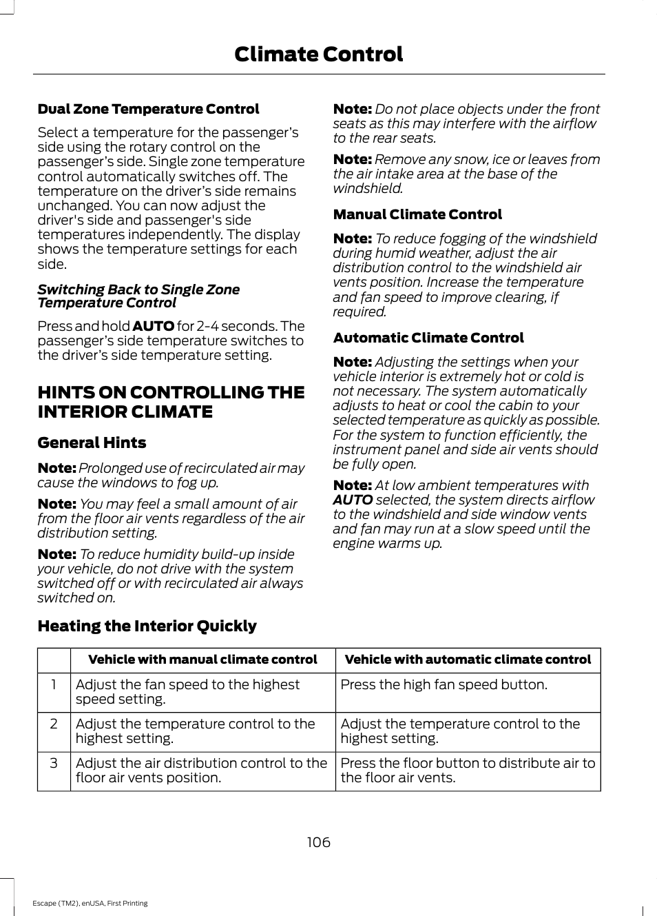 Hints on controlling the interior climate, Hints on controlling the interior, Climate | Climate control | FORD 2015 Escape User Manual | Page 109 / 449