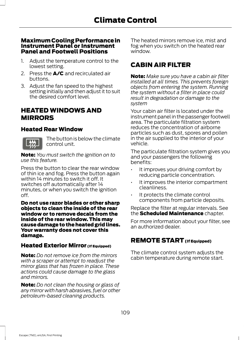 Heated windows and mirrors, Cabin air filter, Remote start | Climate control | FORD 2015 Escape User Manual | Page 112 / 449