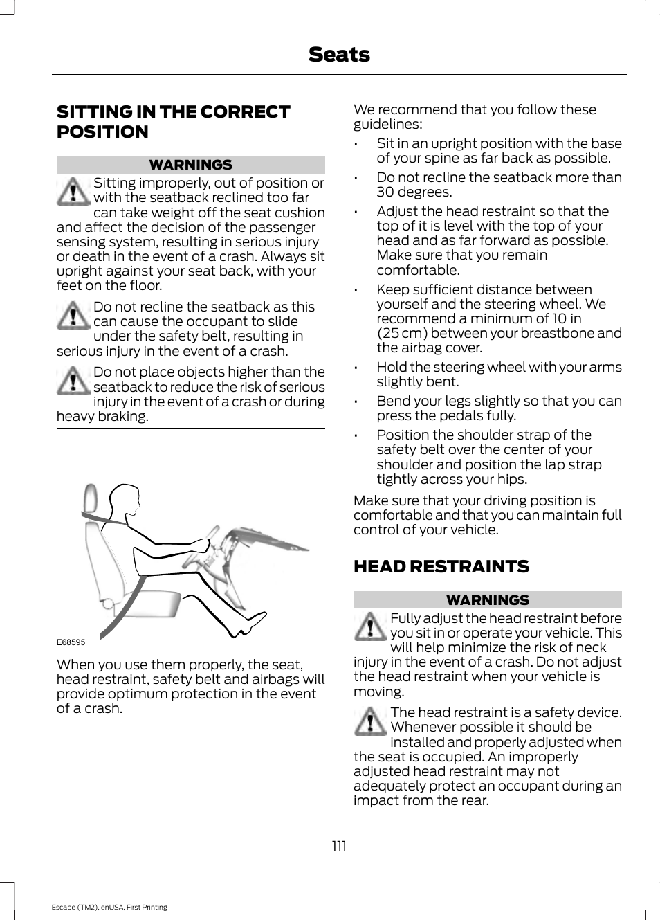 Seats, Sitting in the correct position, Head restraints | Sitting in the correct position head restraints | FORD 2015 Escape User Manual | Page 114 / 449