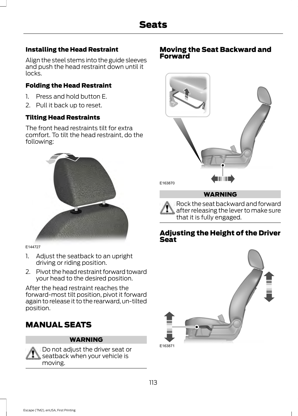 Manual seats, Seats | FORD 2015 Escape User Manual | Page 116 / 449