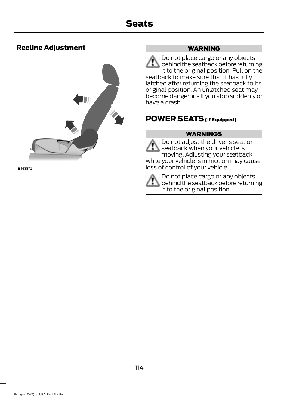 Power seats, Seats | FORD 2015 Escape User Manual | Page 117 / 449