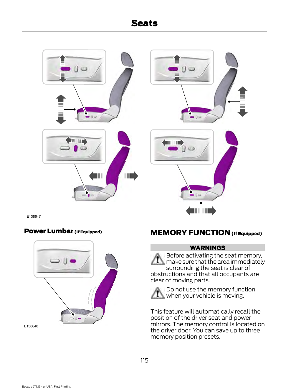 Memory function, Seats | FORD 2015 Escape User Manual | Page 118 / 449