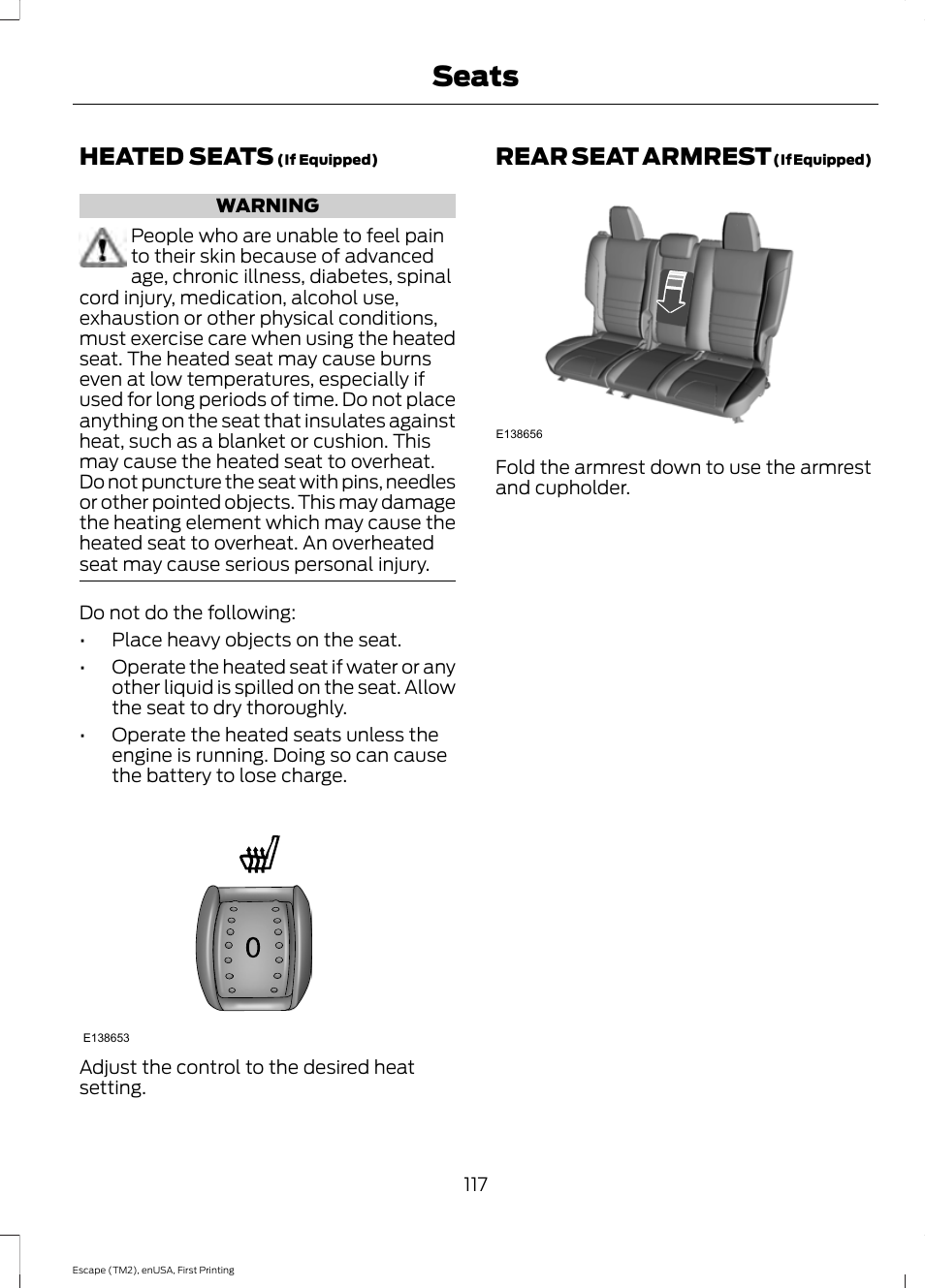 Heated seats, Rear seat armrest, Heated seats rear seat armrest | Seats | FORD 2015 Escape User Manual | Page 120 / 449