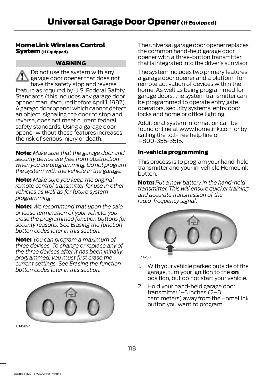Universal garage door opener, Universal garage door, Opener | FORD 2015 Escape User Manual | Page 121 / 449