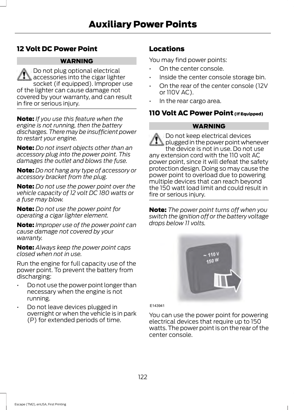 Auxiliary power points | FORD 2015 Escape User Manual | Page 125 / 449