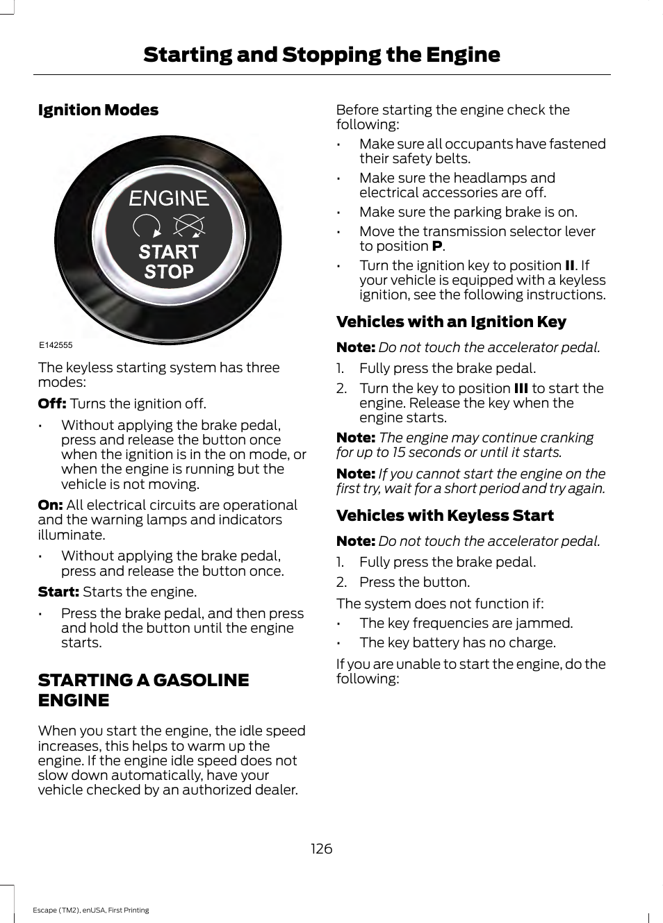 Starting a gasoline engine, Starting and stopping the engine | FORD 2015 Escape User Manual | Page 129 / 449