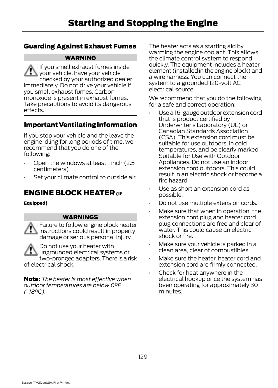 Engine block heater, Starting and stopping the engine | FORD 2015 Escape User Manual | Page 132 / 449