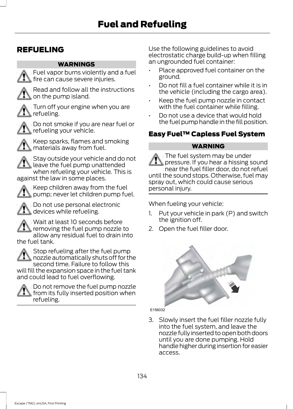 Refueling, Fuel and refueling | FORD 2015 Escape User Manual | Page 137 / 449