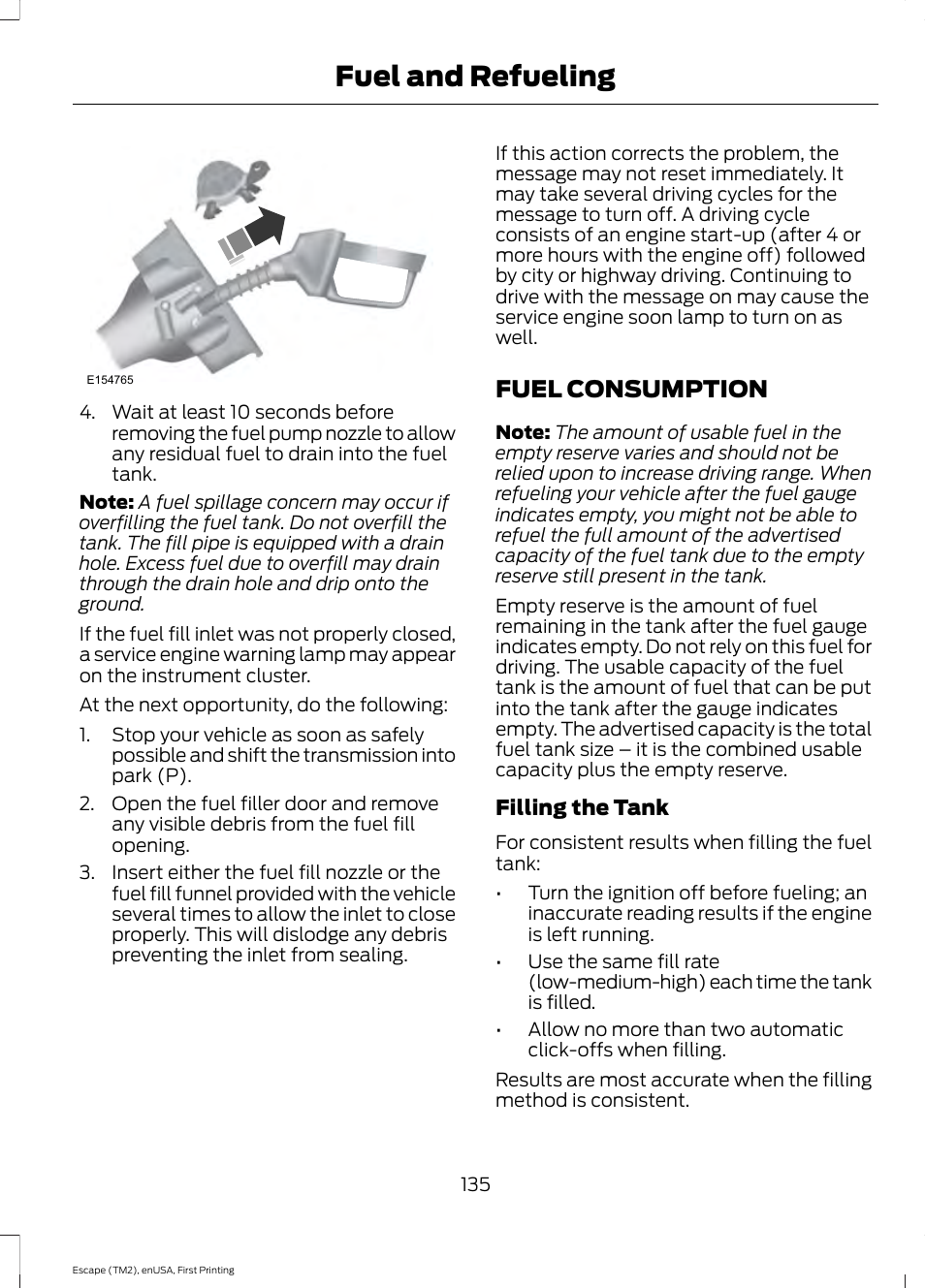 Fuel consumption, Fuel and refueling | FORD 2015 Escape User Manual | Page 138 / 449