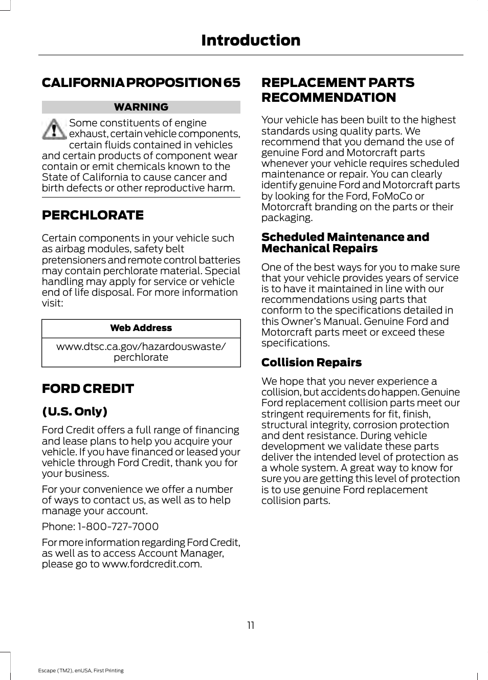 California proposition 65, Perchlorate, Ford credit | Replacement parts recommendation, Recommendation, Introduction | FORD 2015 Escape User Manual | Page 14 / 449