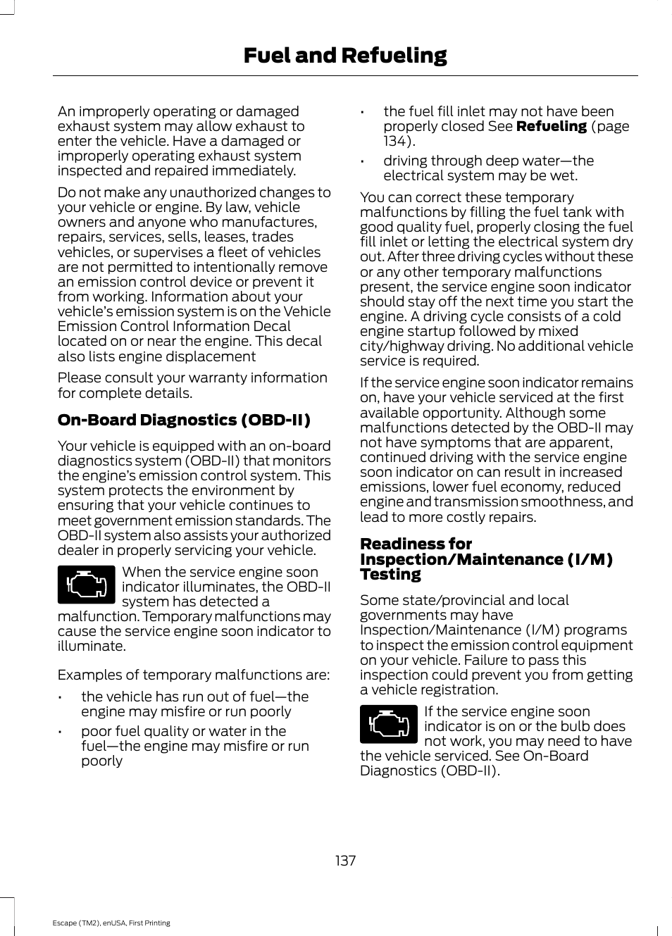 Fuel and refueling | FORD 2015 Escape User Manual | Page 140 / 449