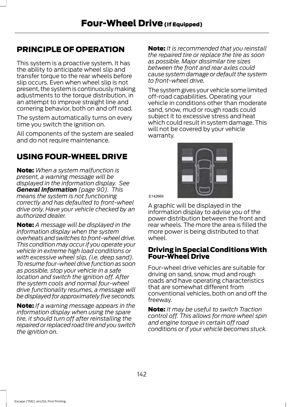 Four-wheel drive, Principle of operation, Using four-wheel drive | Principle of operation using four-wheel drive, See using four-wheel, See using four | FORD 2015 Escape User Manual | Page 145 / 449