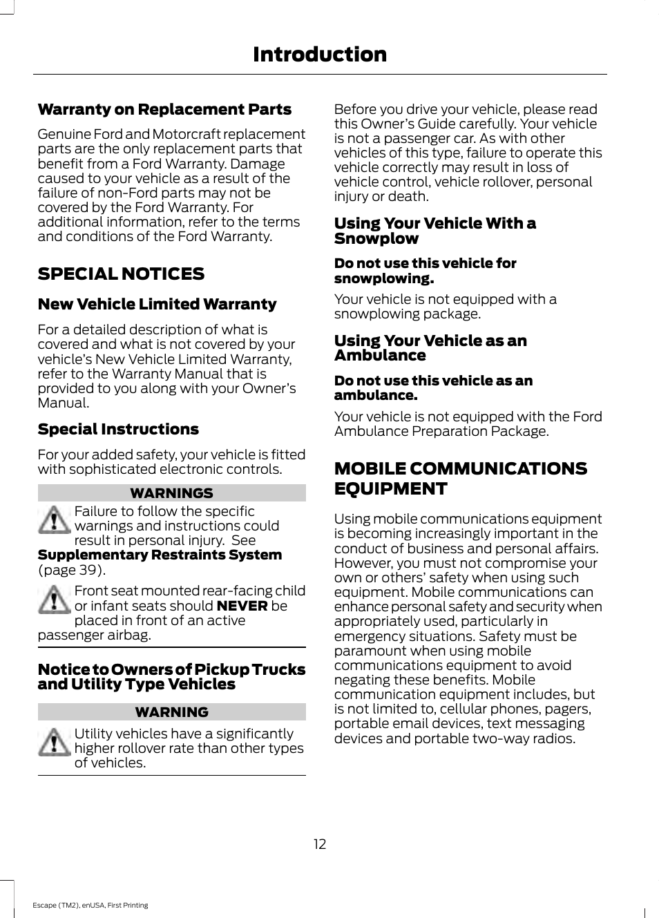 Special notices, Mobile communications equipment, Special notices mobile communications | Equipment, Introduction | FORD 2015 Escape User Manual | Page 15 / 449