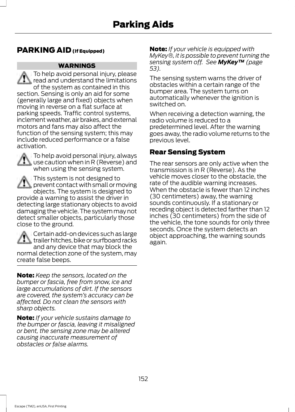 Parking aids, Parking aid | FORD 2015 Escape User Manual | Page 155 / 449