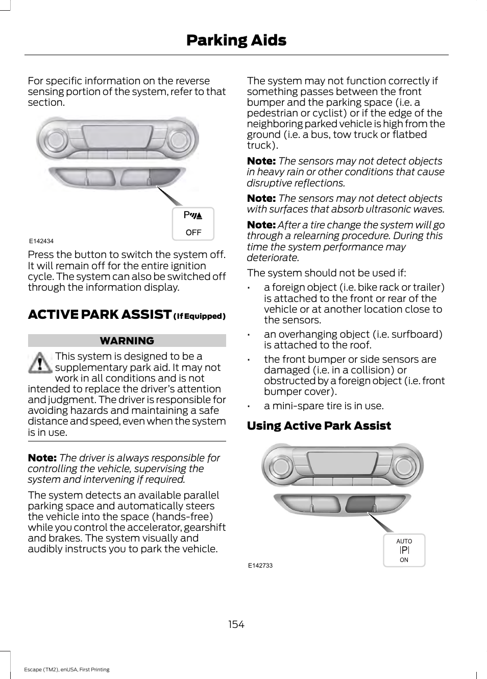 Active park assist, Parking aids | FORD 2015 Escape User Manual | Page 157 / 449