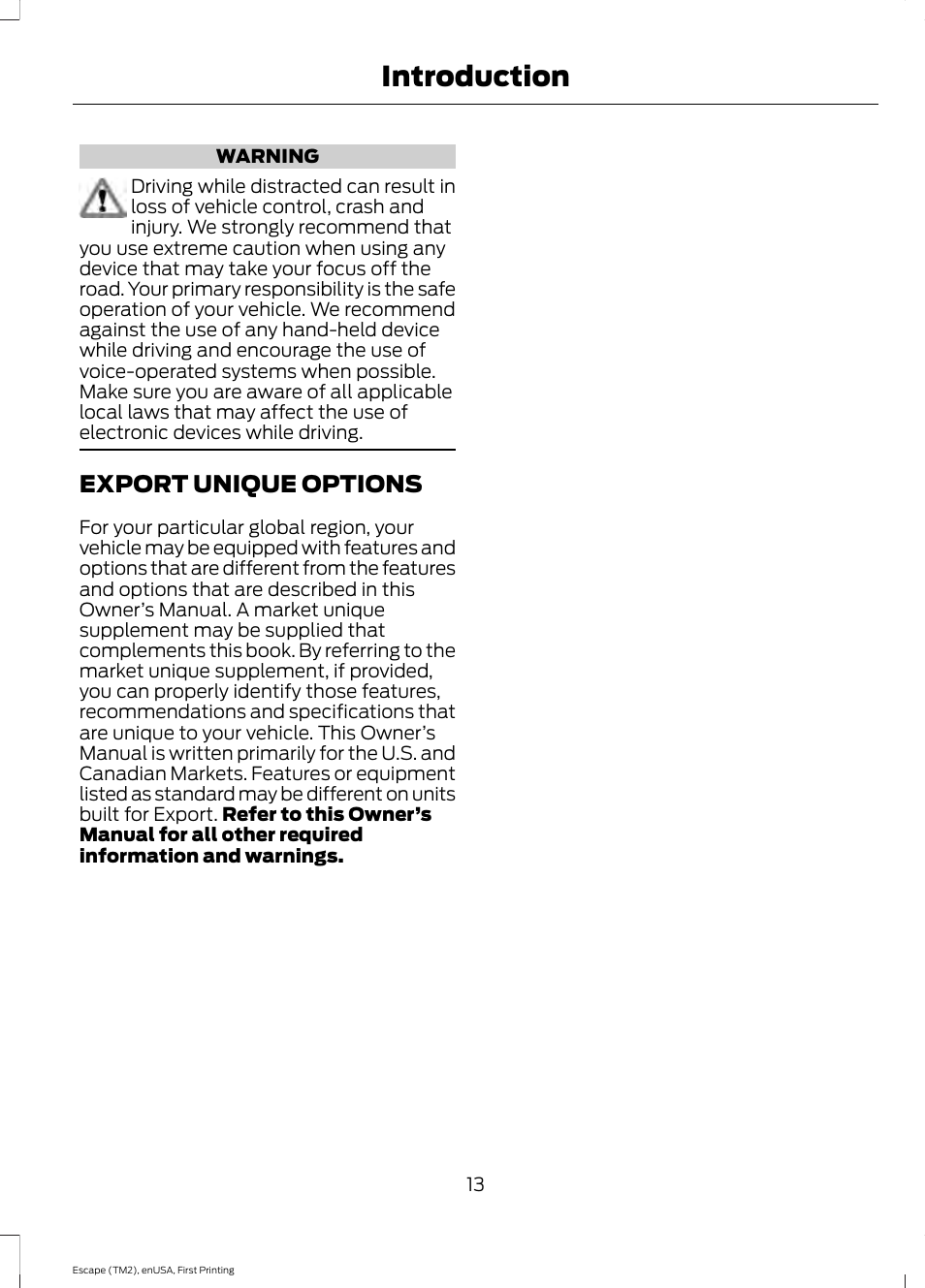 Export unique options, Introduction | FORD 2015 Escape User Manual | Page 16 / 449