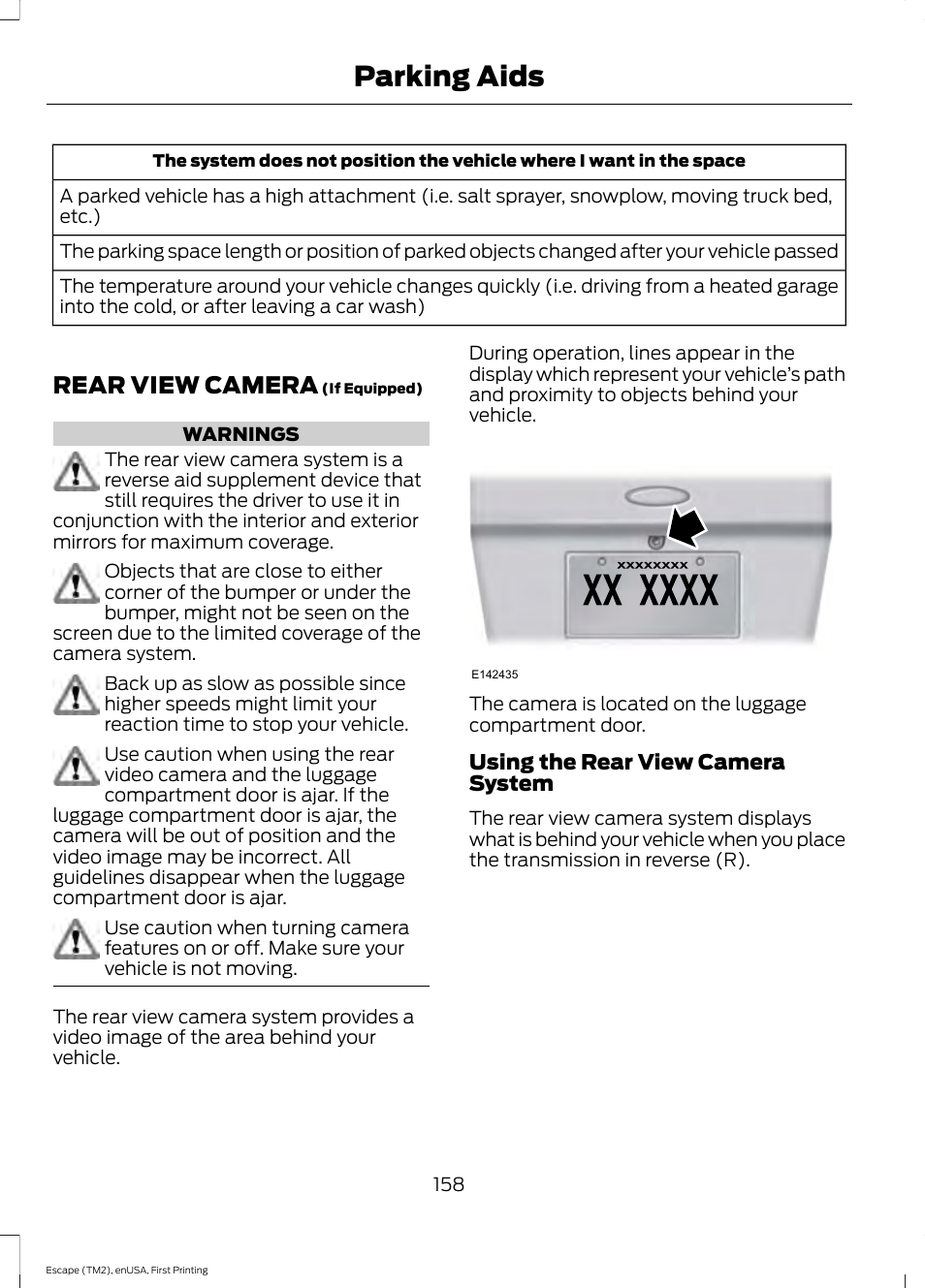 Rear view camera, Parking aids | FORD 2015 Escape User Manual | Page 161 / 449