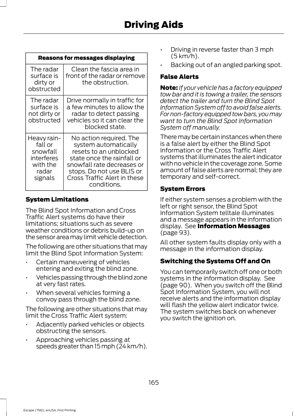 Driving aids | FORD 2015 Escape User Manual | Page 168 / 449