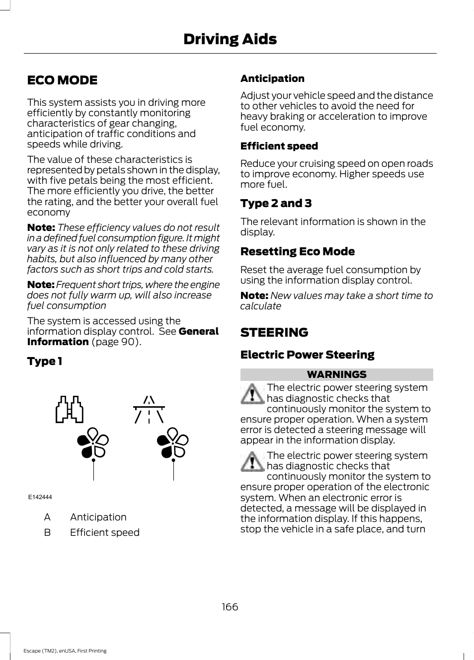 Eco mode, Steering, Eco mode steering | Driving aids | FORD 2015 Escape User Manual | Page 169 / 449