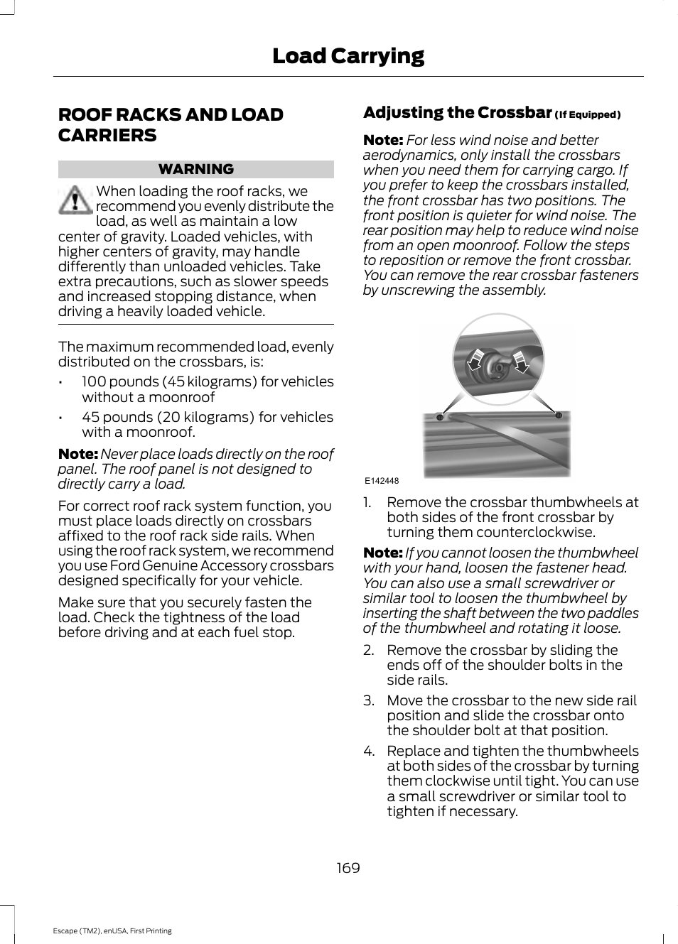 Roof racks and load carriers, Load carrying | FORD 2015 Escape User Manual | Page 172 / 449