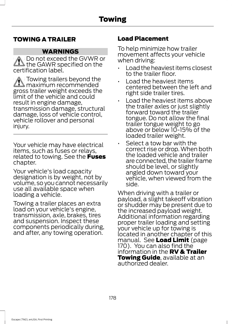 Towing, Towing a trailer | FORD 2015 Escape User Manual | Page 181 / 449