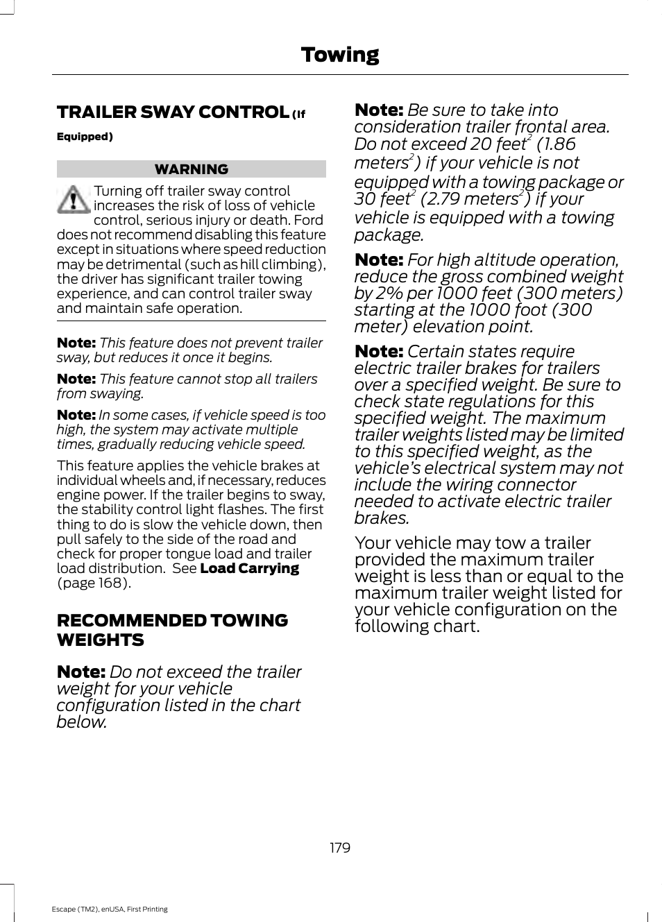 Trailer sway control, Recommended towing weights, Trailer sway control recommended towing weights | Towing | FORD 2015 Escape User Manual | Page 182 / 449