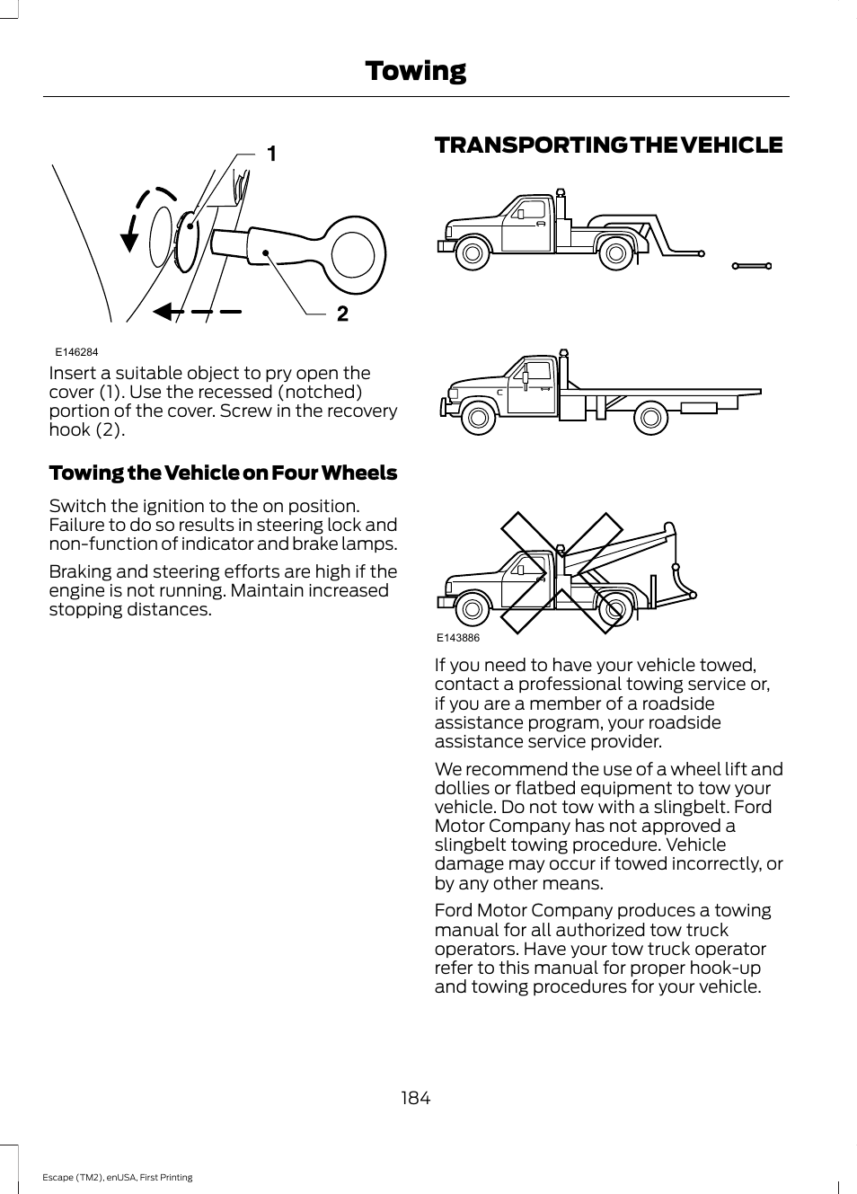 Transporting the vehicle, Towing | FORD 2015 Escape User Manual | Page 187 / 449