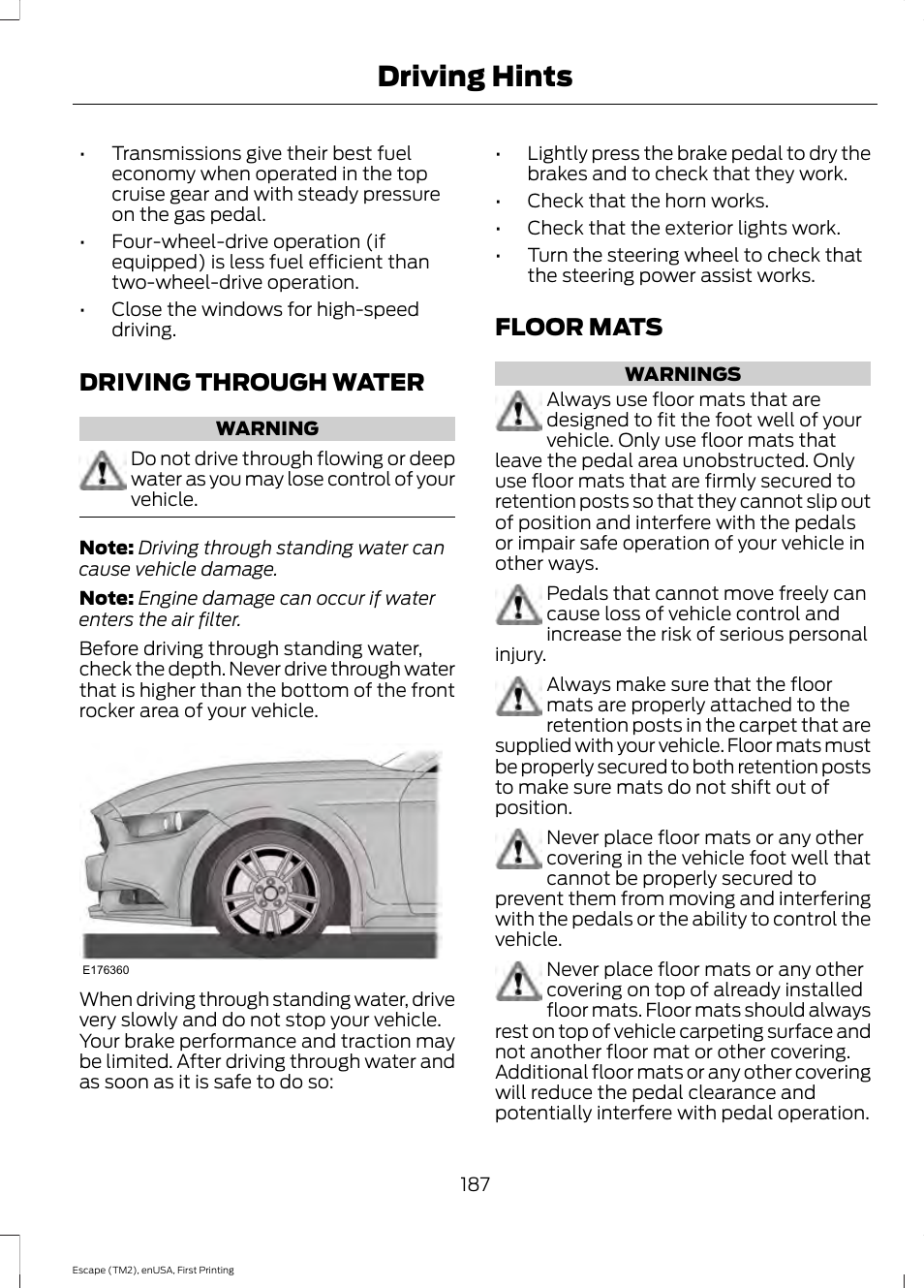 Driving through water, Floor mats, Driving through water floor mats | Driving hints | FORD 2015 Escape User Manual | Page 190 / 449