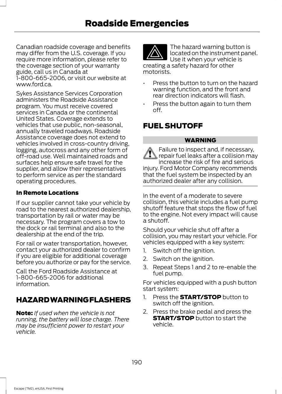 Hazard warning flashers, Fuel shutoff, Hazard warning flashers fuel shutoff | Roadside emergencies | FORD 2015 Escape User Manual | Page 193 / 449