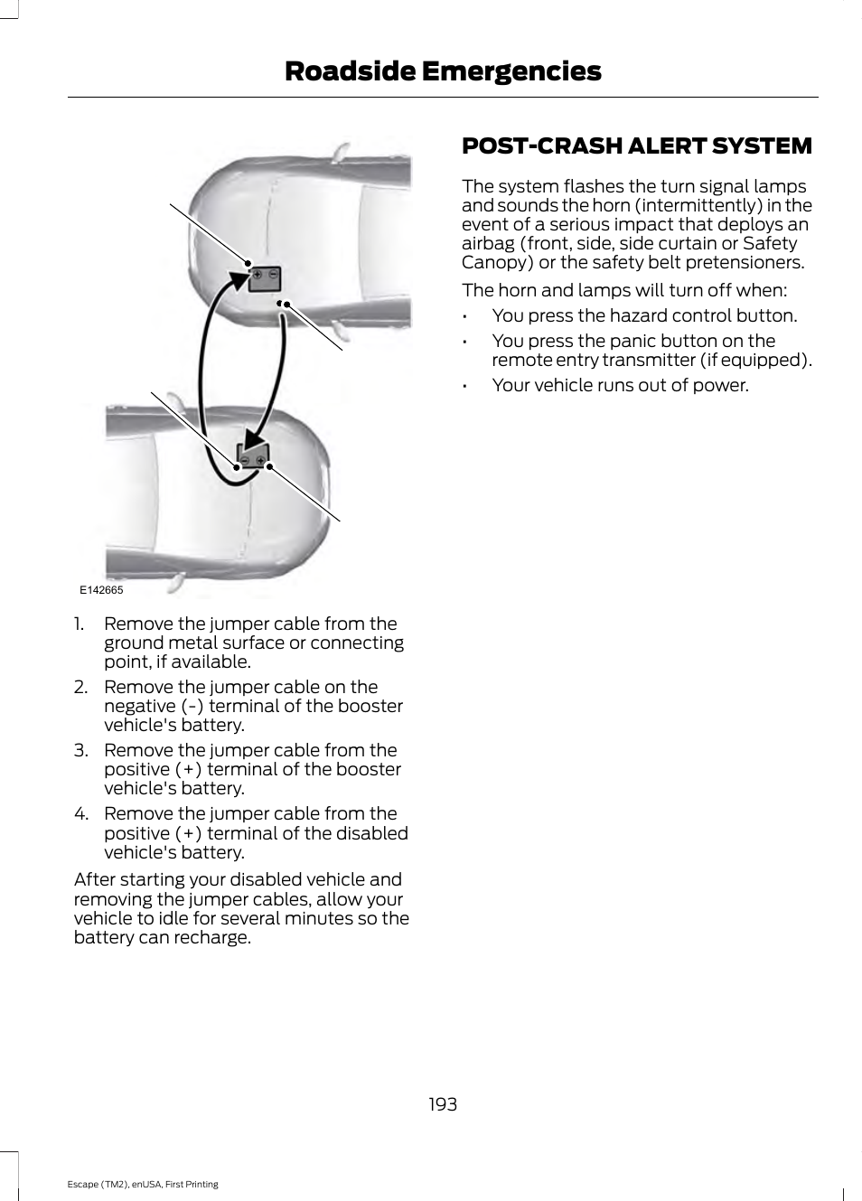 Post-crash alert system, Roadside emergencies | FORD 2015 Escape User Manual | Page 196 / 449