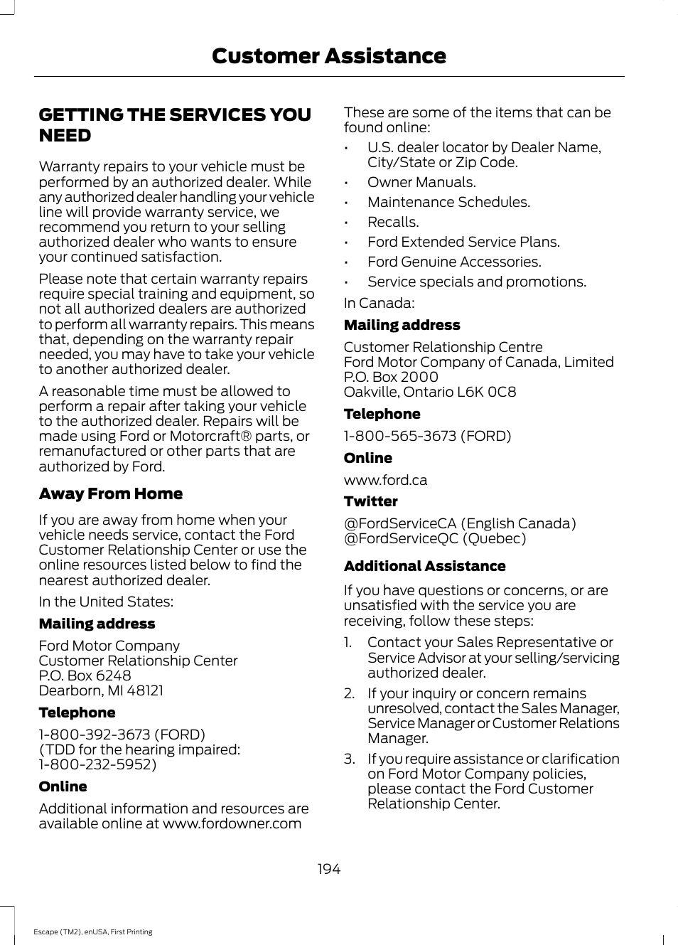 Customer assistance, Getting the services you need | FORD 2015 Escape User Manual | Page 197 / 449