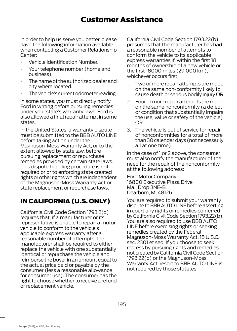 In california (u.s. only), Customer assistance | FORD 2015 Escape User Manual | Page 198 / 449