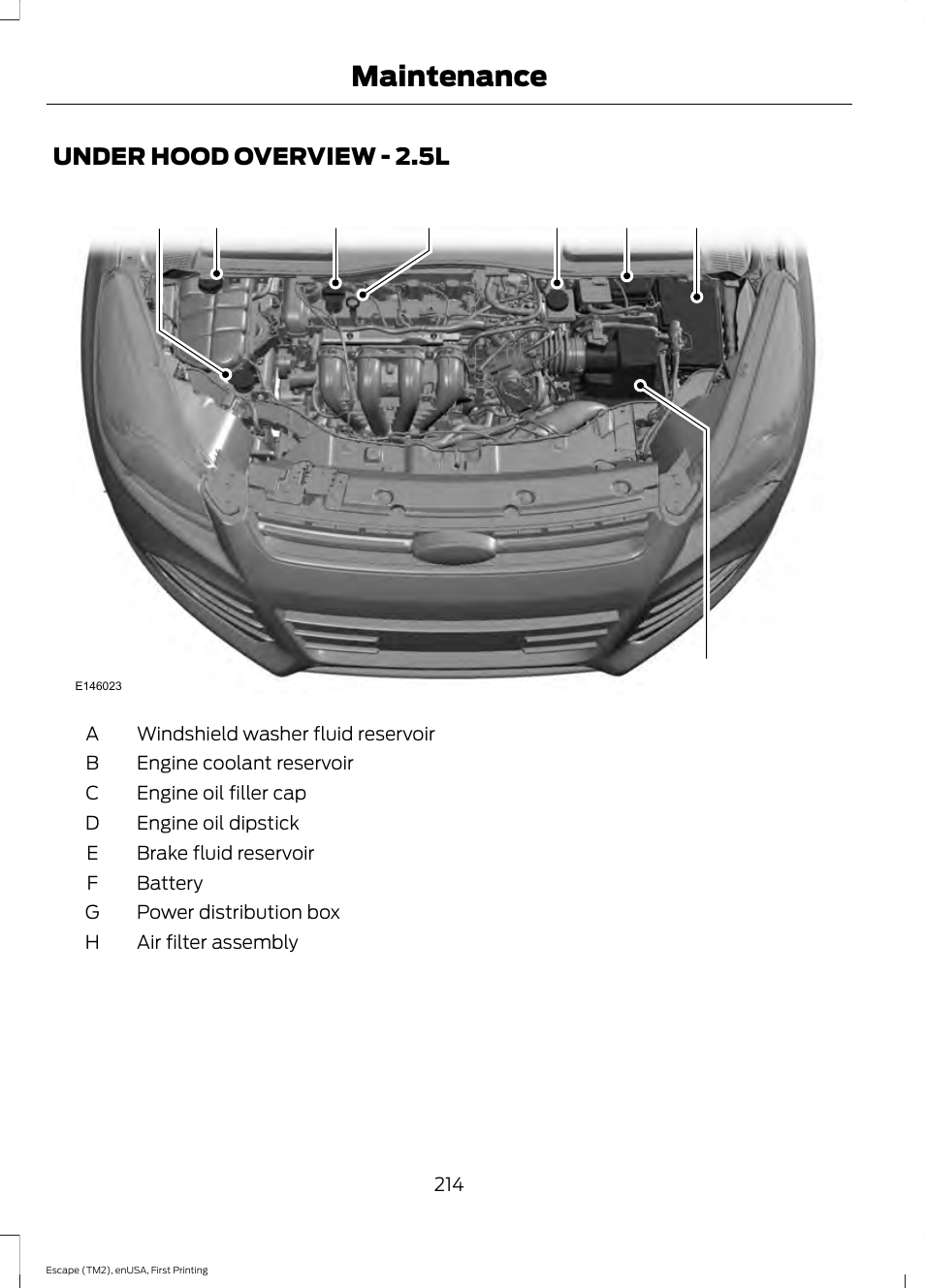 Under hood overview, Under hood overview - 2.5l, Maintenance | FORD 2015 Escape User Manual | Page 217 / 449