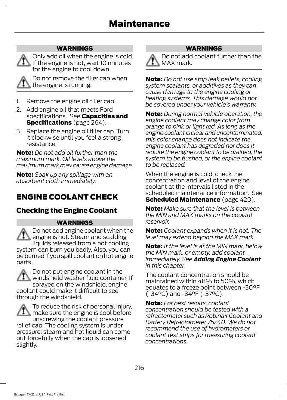 Engine coolant check, Maintenance | FORD 2015 Escape User Manual | Page 219 / 449