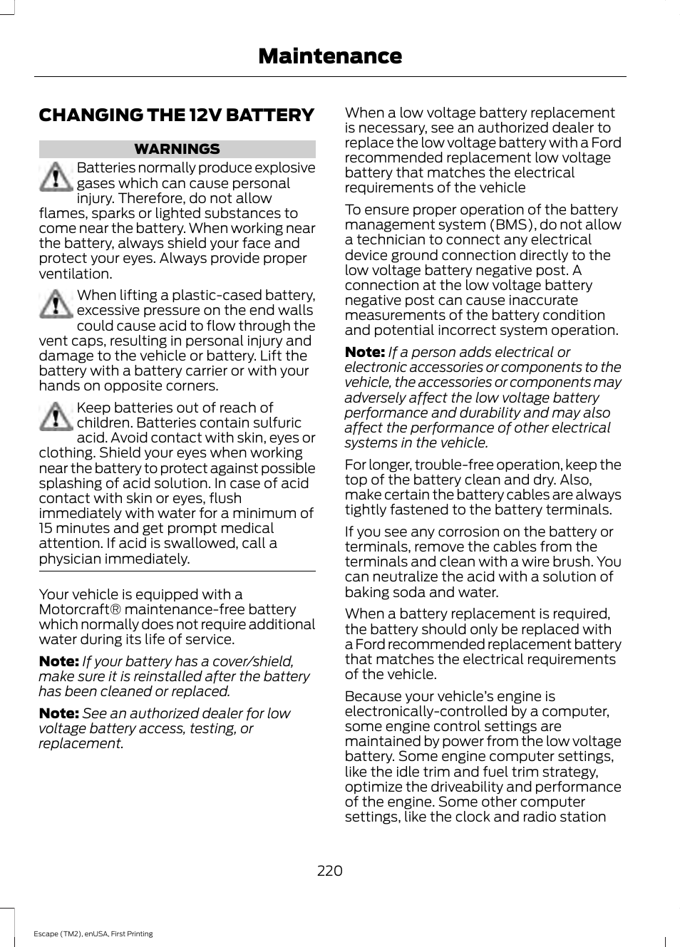 Changing the 12v battery, Maintenance | FORD 2015 Escape User Manual | Page 223 / 449