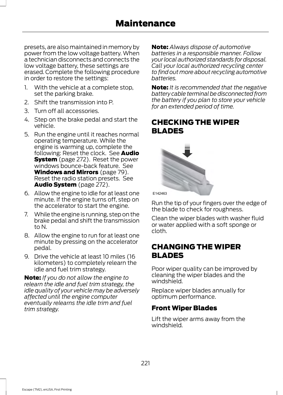 Checking the wiper blades, Changing the wiper blades, Maintenance | FORD 2015 Escape User Manual | Page 224 / 449