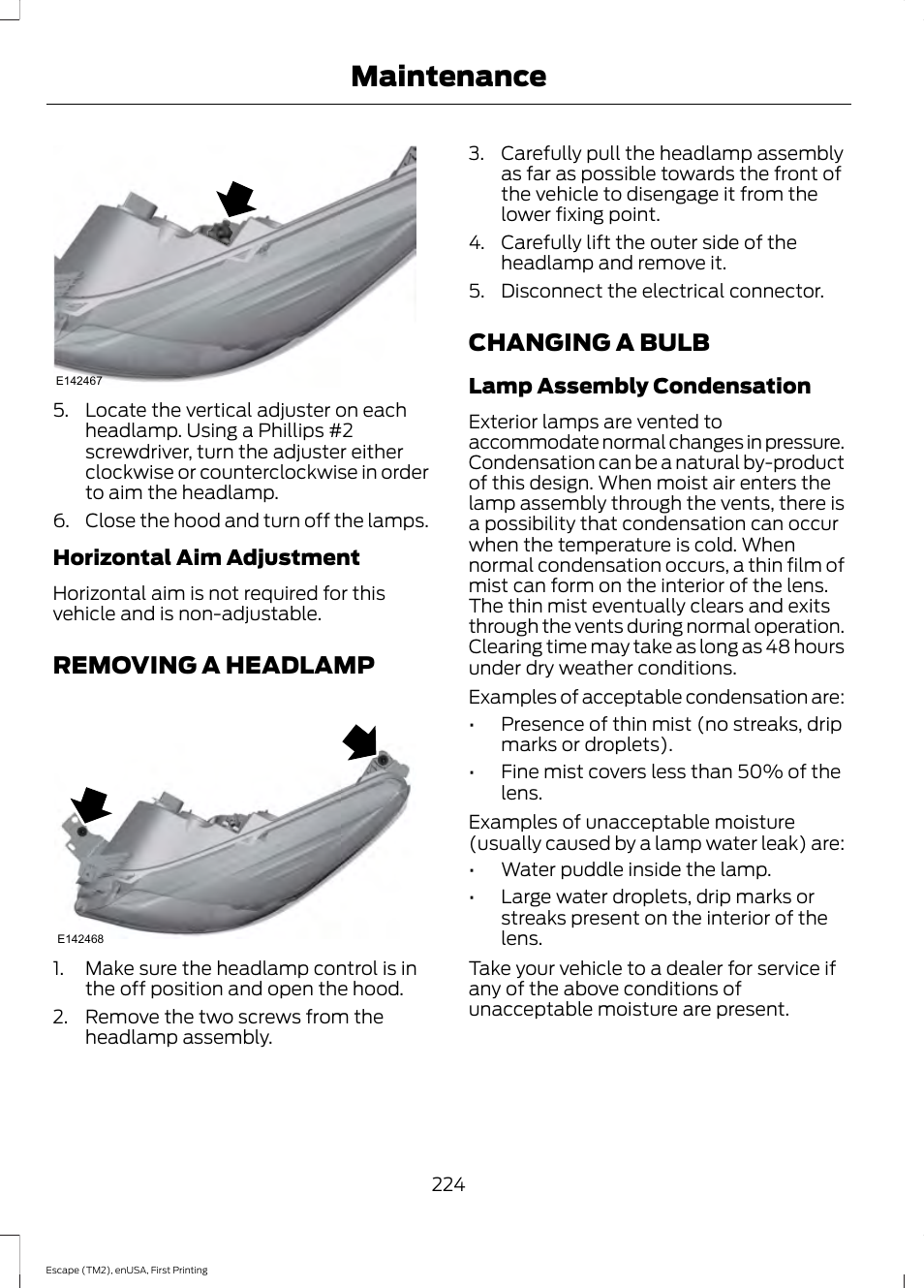 Removing a headlamp, Changing a bulb, Removing a headlamp changing a bulb | Maintenance, Removing a headlamp 2 2 | FORD 2015 Escape User Manual | Page 227 / 449