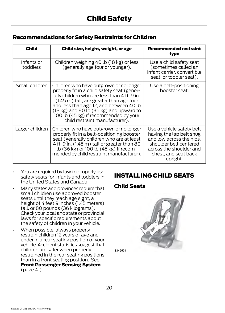 Installing child seats, Child safety | FORD 2015 Escape User Manual | Page 23 / 449