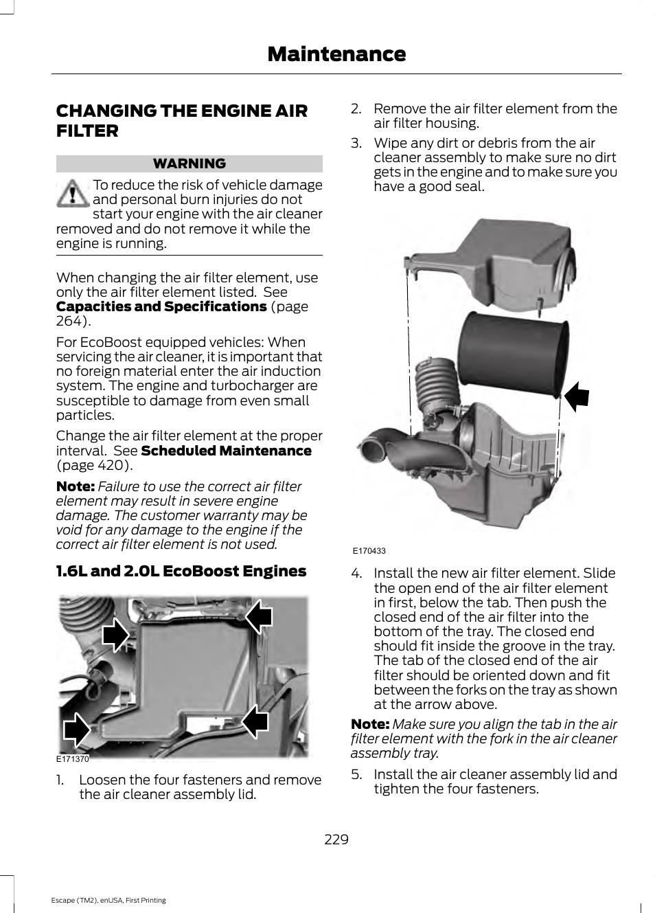 Changing the engine air filter, Maintenance | FORD 2015 Escape User Manual | Page 232 / 449