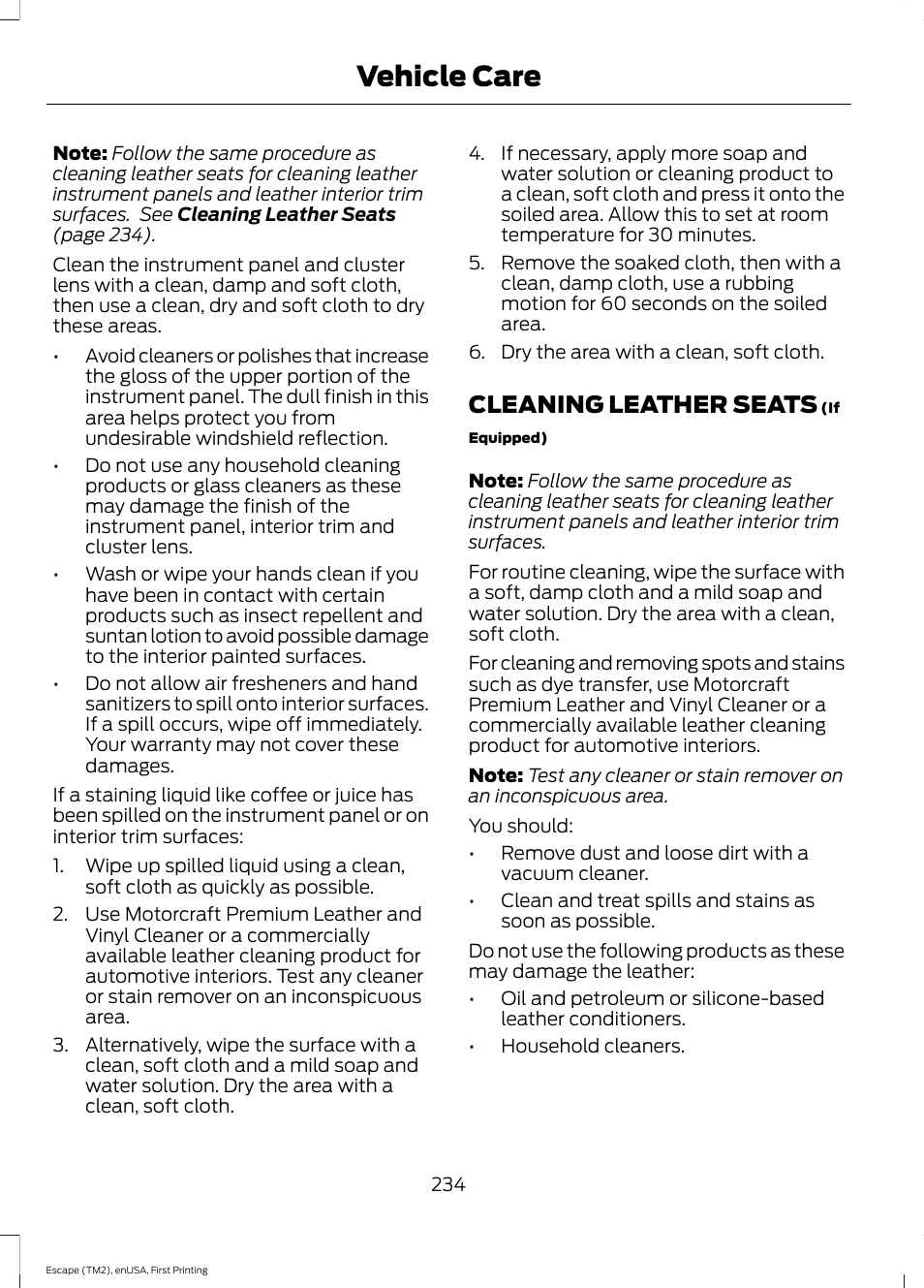 Cleaning leather seats, Vehicle care | FORD 2015 Escape User Manual | Page 237 / 449