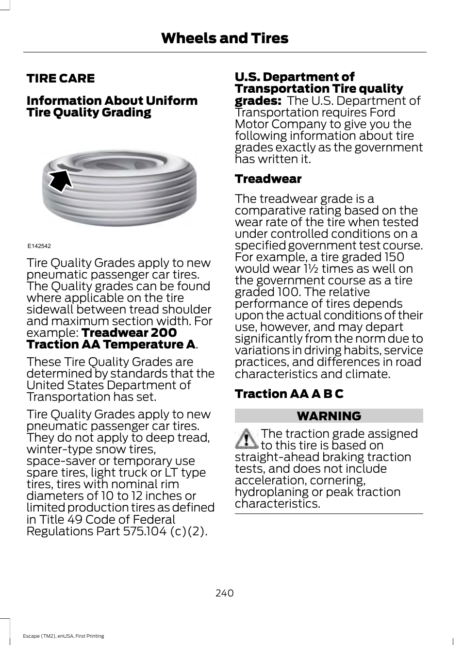 Tire care, Wheels and tires | FORD 2015 Escape User Manual | Page 243 / 449