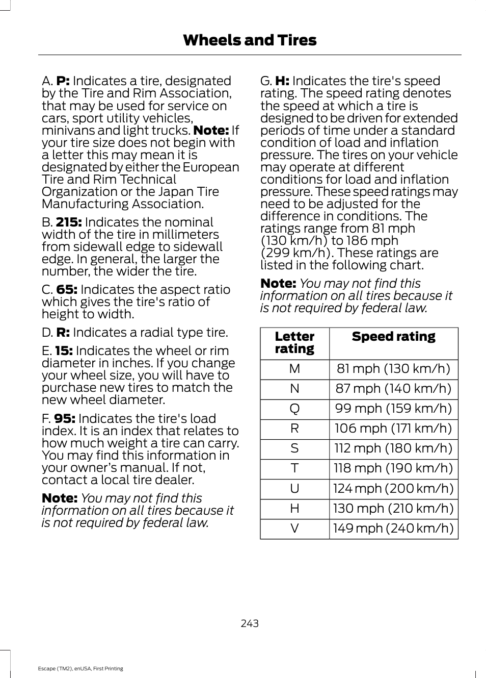 Wheels and tires | FORD 2015 Escape User Manual | Page 246 / 449