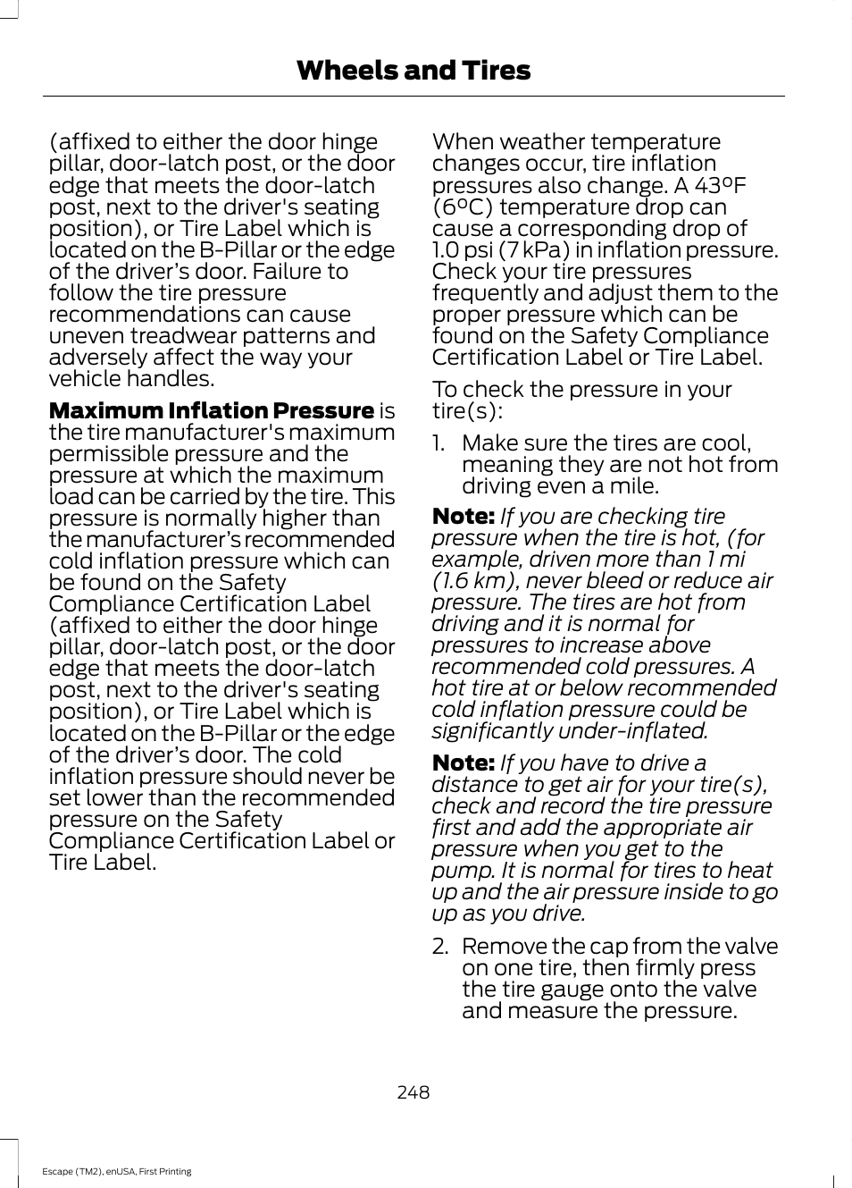 Wheels and tires | FORD 2015 Escape User Manual | Page 251 / 449