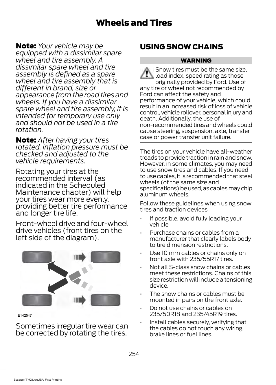 Using snow chains, Wheels and tires | FORD 2015 Escape User Manual | Page 257 / 449