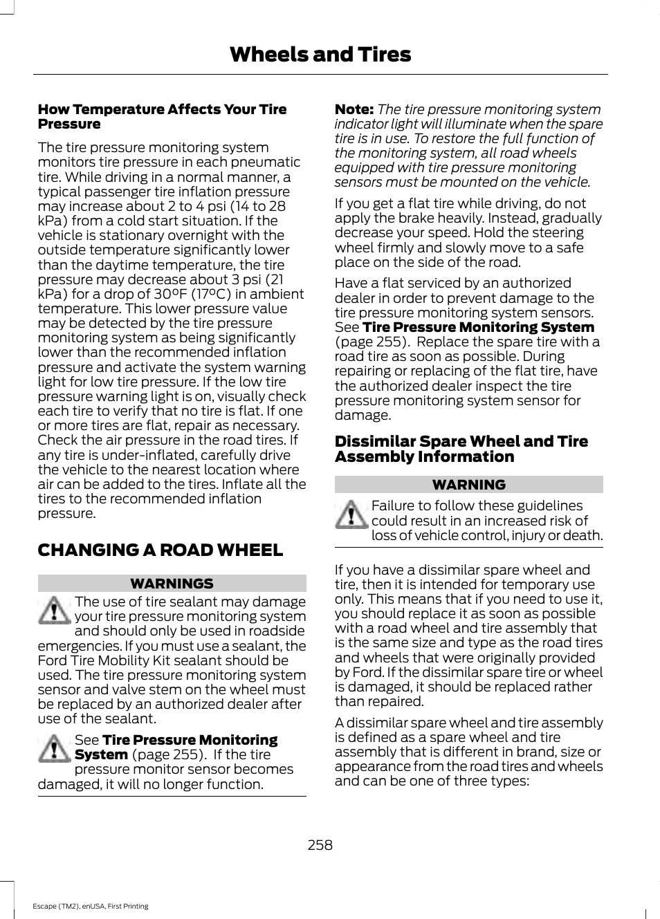 Changing a road wheel, Wheels and tires | FORD 2015 Escape User Manual | Page 261 / 449