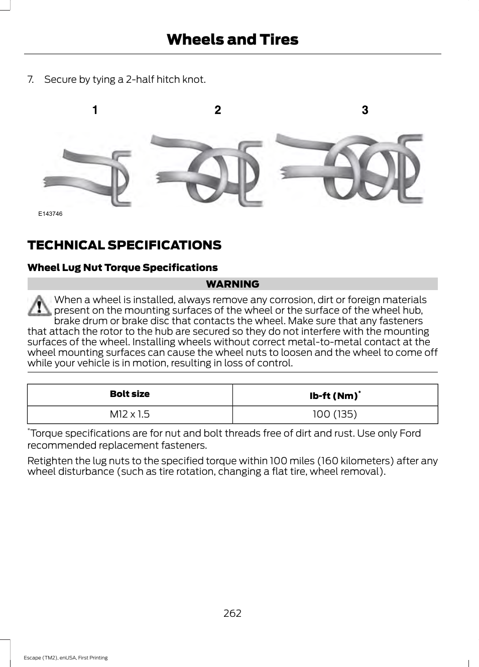 Technical specifications, Wheels and tires | FORD 2015 Escape User Manual | Page 265 / 449