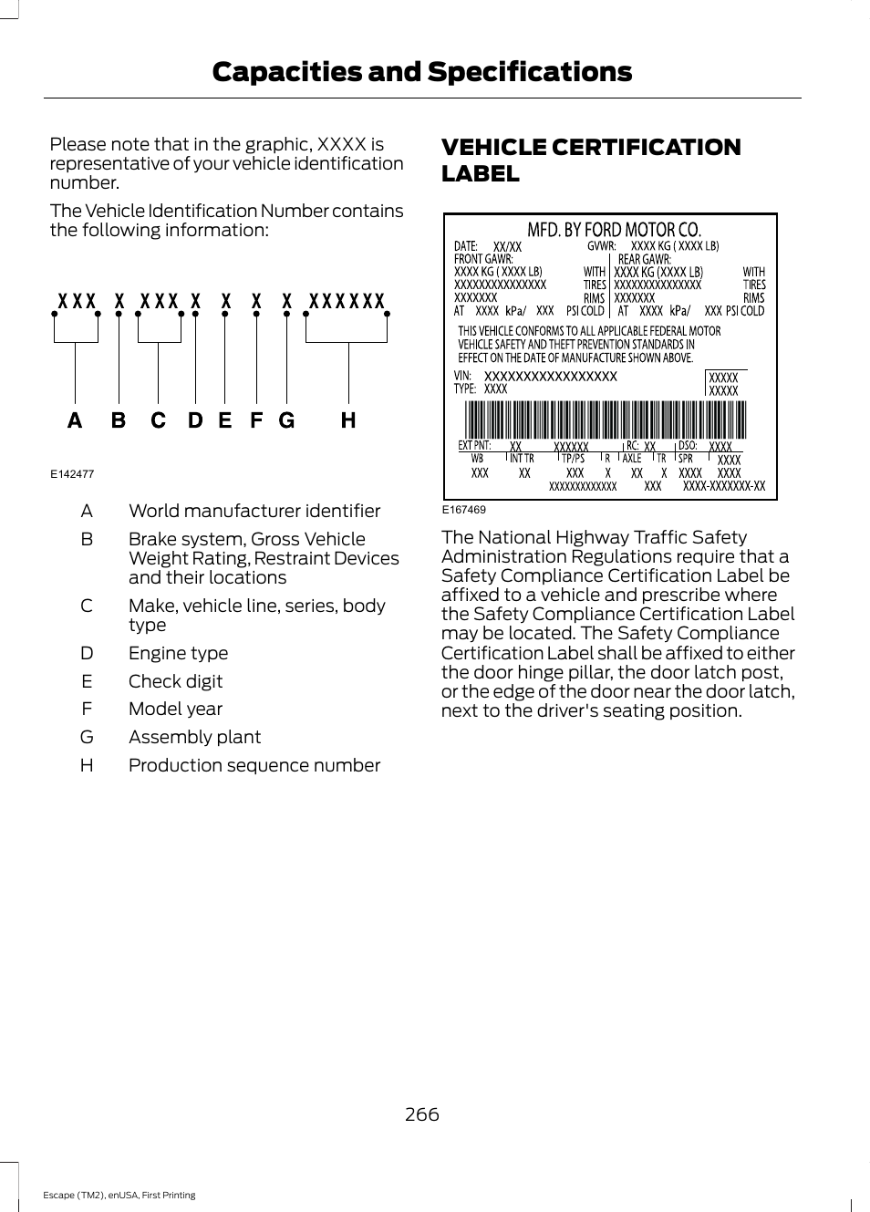 Vehicle certification label, Capacities and specifications | FORD 2015 Escape User Manual | Page 269 / 449
